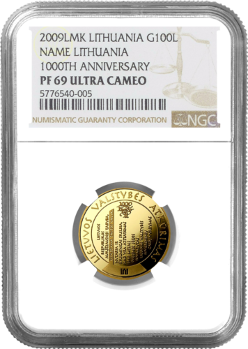 2009 1000-летие имени Литвы 100 литов золотая монета PF 69 ULTRA CAMEO (1)