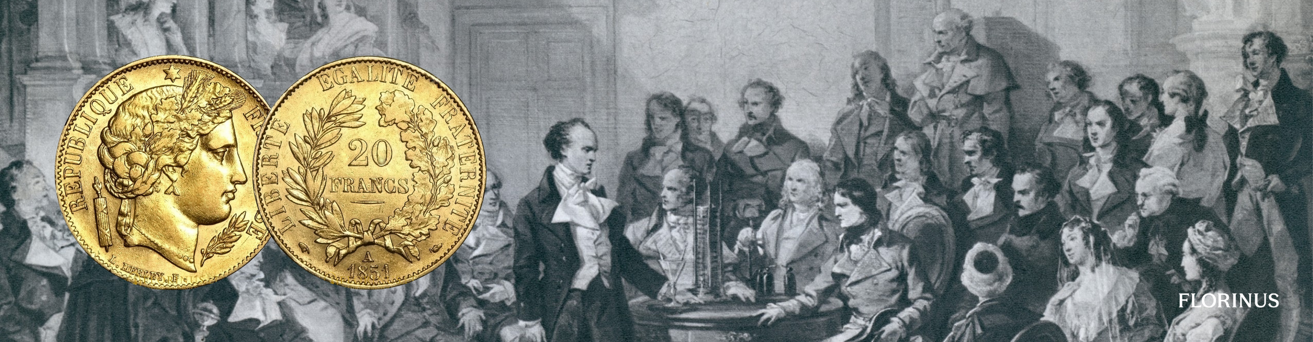Prancūzijos 20 frankų auksinė moneta su Ceres atvaizdu, šešiakampe žvaigžde, teisingumo ranka ir laurų šakele averso pusėje; reverse – nominalas „20 FRANCS“ laurų ir ąžuolo vainike bei užrašas „Liberté Égalité Fraternité“, toks pat užrašas ir briaunoje.