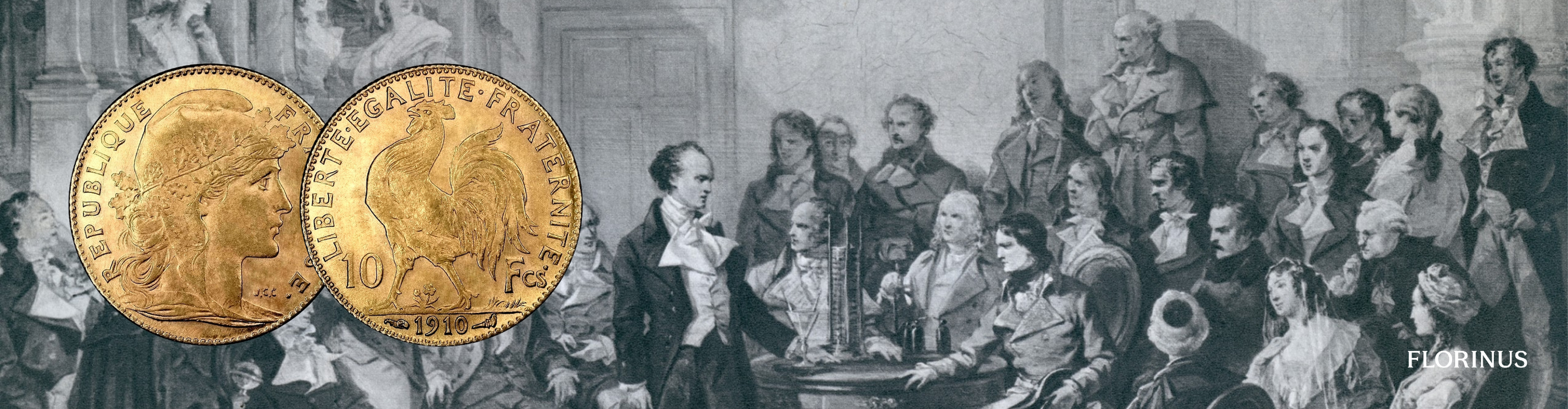 Auksinė 10 frankų Prancūzijos moneta su Marianne ir Gaidžio atvaizdu – averso pusėje vaizduojama Mariana su ąžuolo vainiku, reverse – Prancūzijos nacionalinis simbolis gaidys bei žodžiai „Liberté, Égalité, Fraternité“.